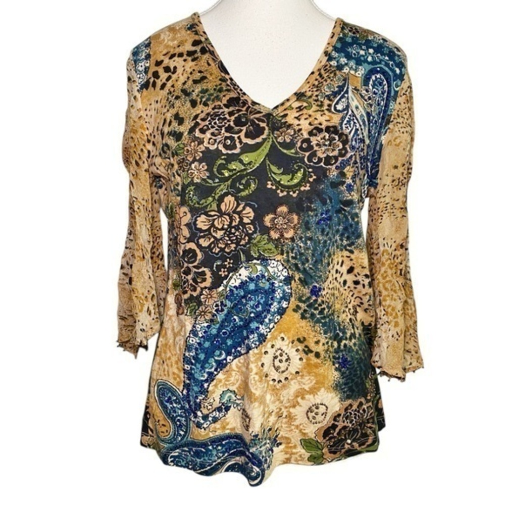 Forbidden Blue and Gold V-Neck 3/4 Sleeve Y2K Beaded Blouse